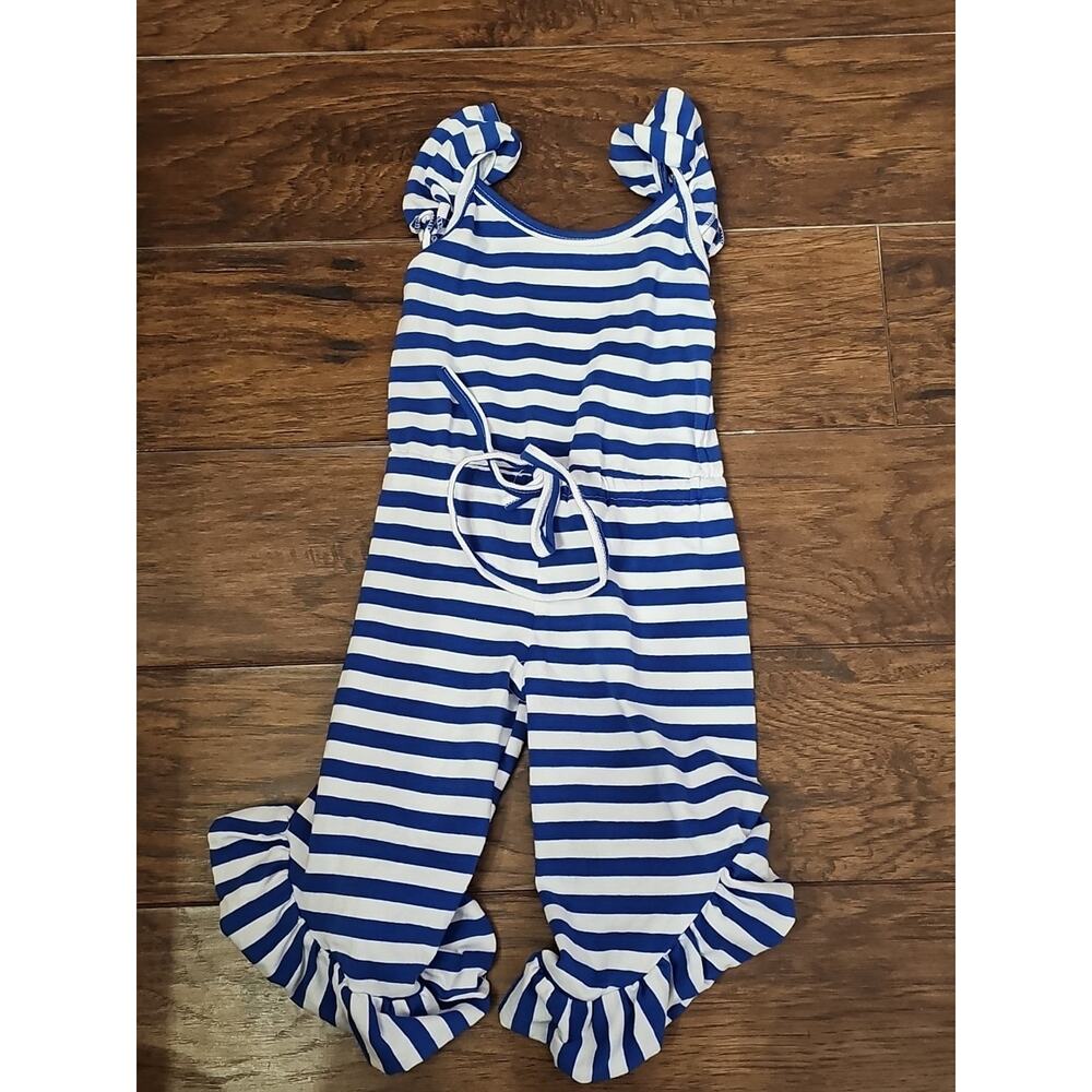 Clover Cottage Blue White Striped Romper Size 6-12 6 12 Months